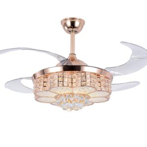 oukaning 42inch crystal chandelier ceiling light led 4 acrylic automatic retractable crystal fan blade ceiling lamp for living room dining room hall rose gold