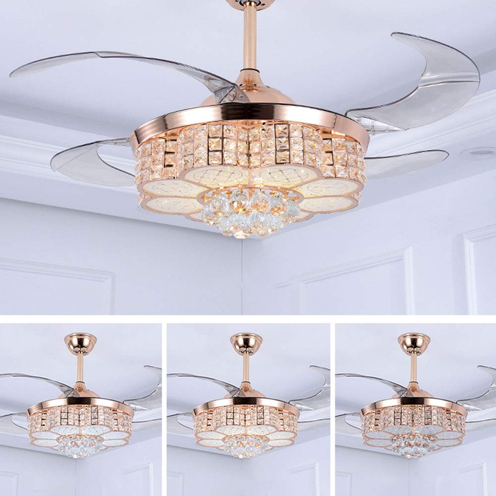 OUKANING 42inch Crystal Chandelier Ceiling Light LED 4 Acrylic Automatic Retractable Crystal Fan Blade Ceiling Lamp for Living Room Dining Room Hall Rose Gold