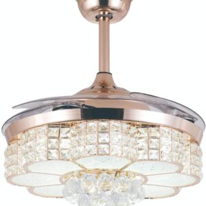 OUKANING 42inch Crystal Chandelier Ceiling Light LED 4 Acrylic Automatic Retractable Crystal Fan Blade Ceiling Lamp for Living Room Dining Room Hall Rose Gold