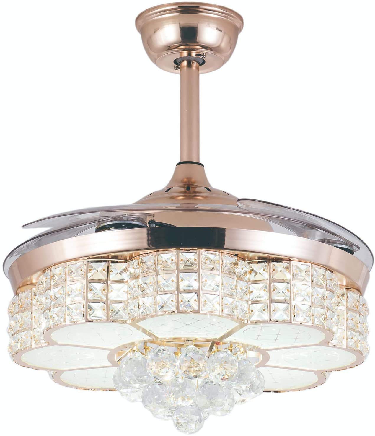 OUKANING 42inch Crystal Chandelier Ceiling Light LED 4 Acrylic Automatic Retractable Crystal Fan Blade Ceiling Lamp for Living Room Dining Room Hall Rose Gold