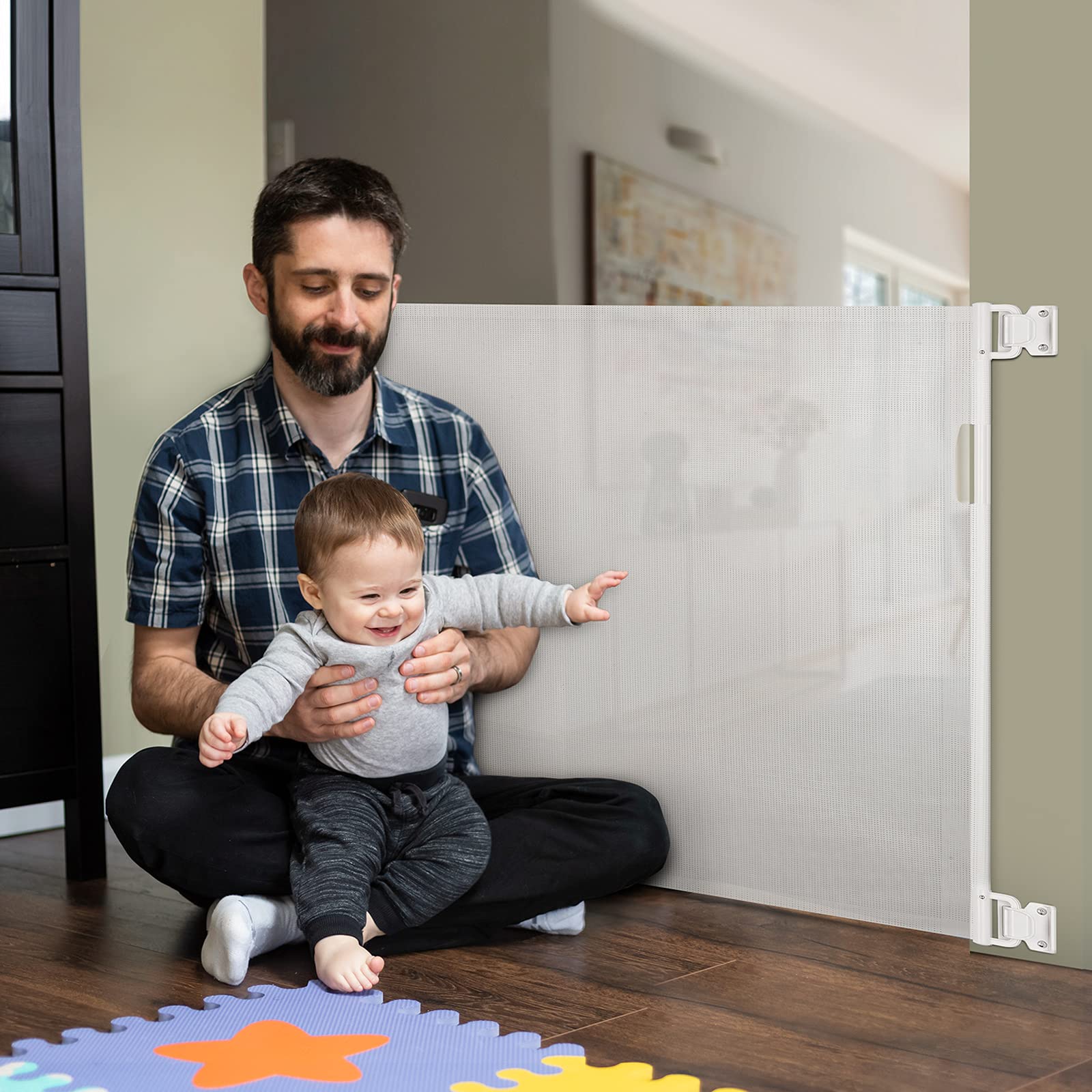 Retractable Baby Gate, Momcozy Mesh Safety Gate for Babies and Pets, Extra Wide Safety Baby Gate 33.7" Tall, Extends to 55" Wide, Pet Dog Gate for doorways, Stairs, Hallways, Indoor/Outdoor (White)