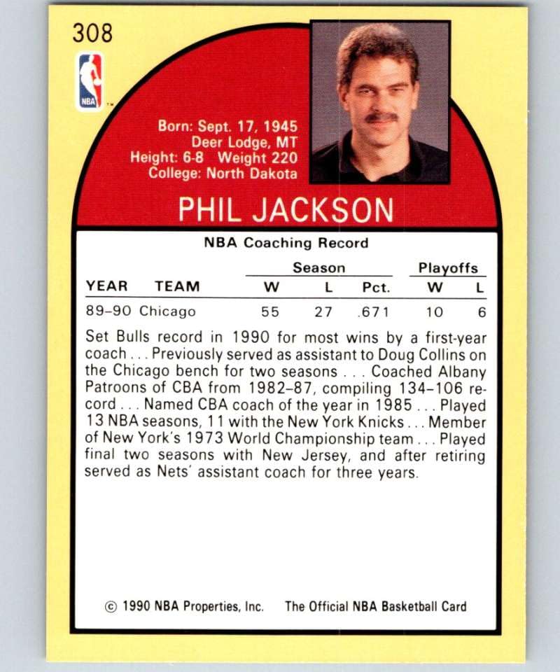 1990-91 NBA Hoops #308 Phil Jackson Chicago Bulls CO Official Basketball Trading Card