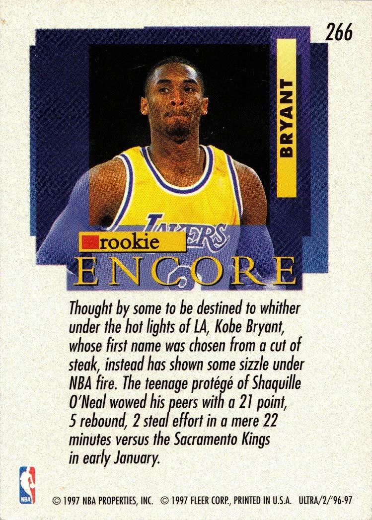 1996-97 Fleer Ultra #266 Kobe Bryant Basketball Card Lakers - Encore Rookies