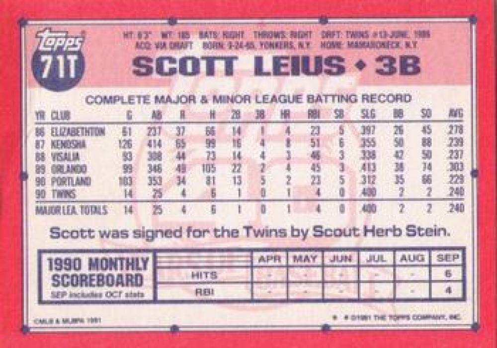 1991 Topps Traded #71T Scott Leius Minnesota Twins MLB Baseball Card NM-MT