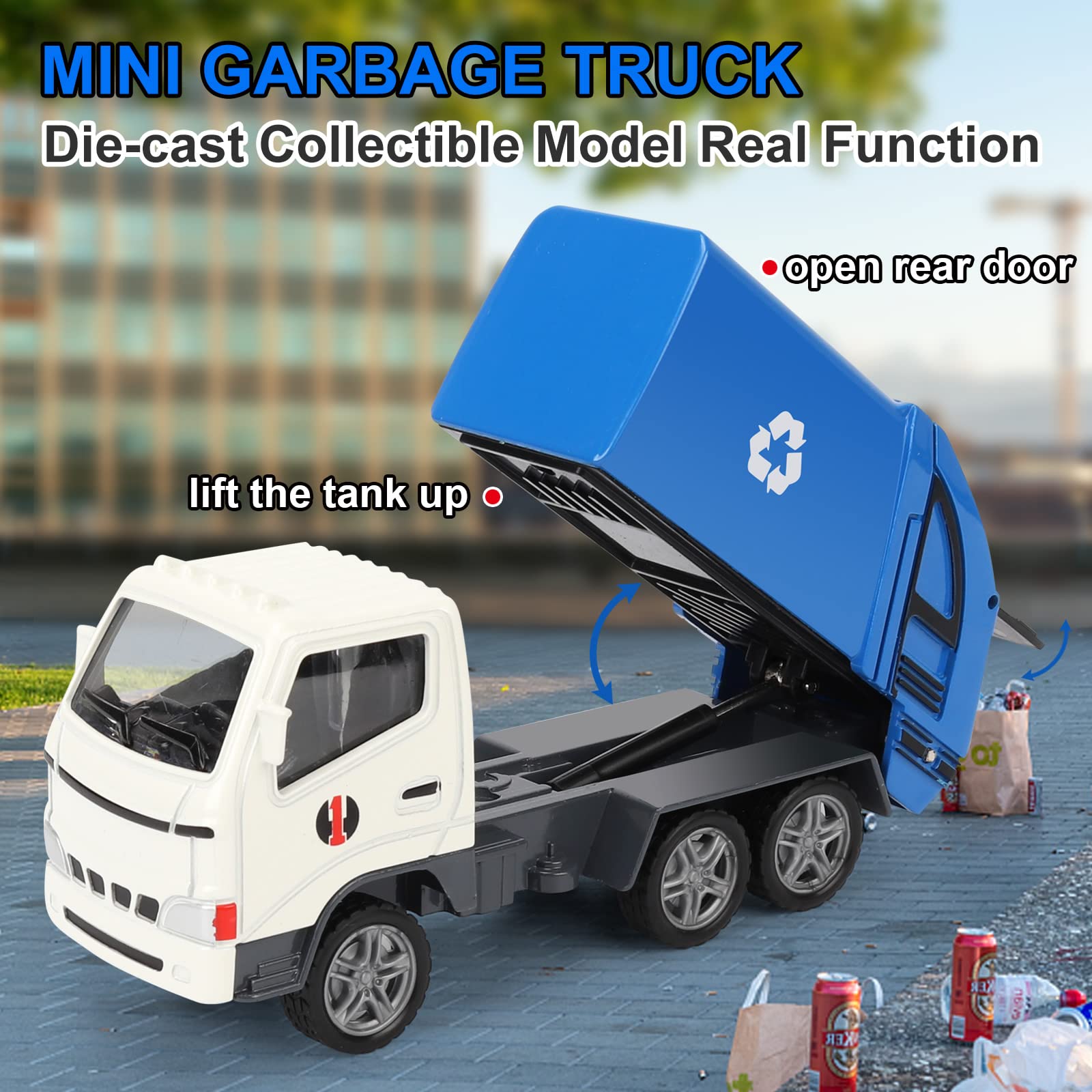 1/60 Scale Diecast Metal Garbage Truck Toy, Mini Waste Management Recycling Truck Toys for Kids Boys