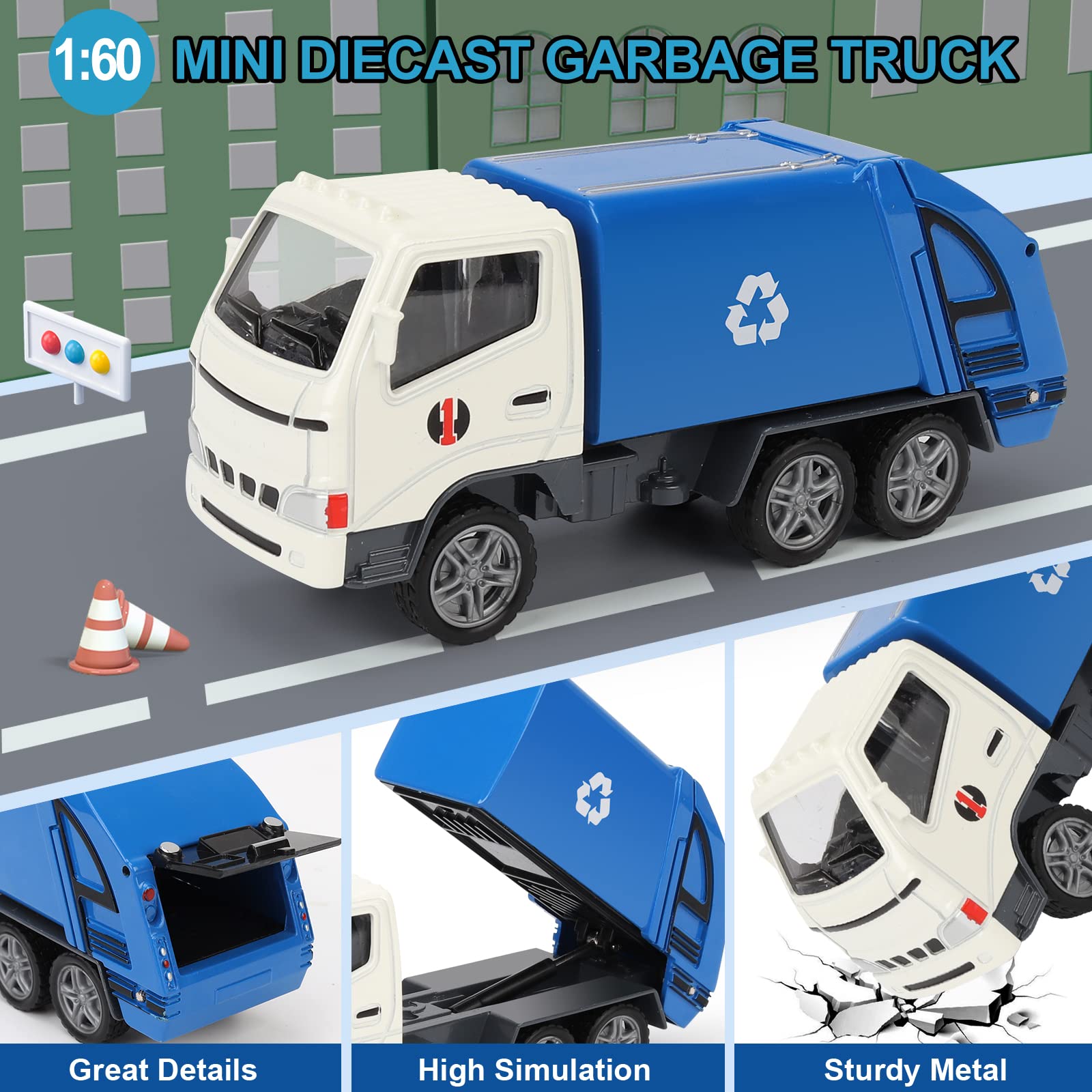 1/60 Scale Diecast Metal Garbage Truck Toy, Mini Waste Management Recycling Truck Toys for Kids Boys