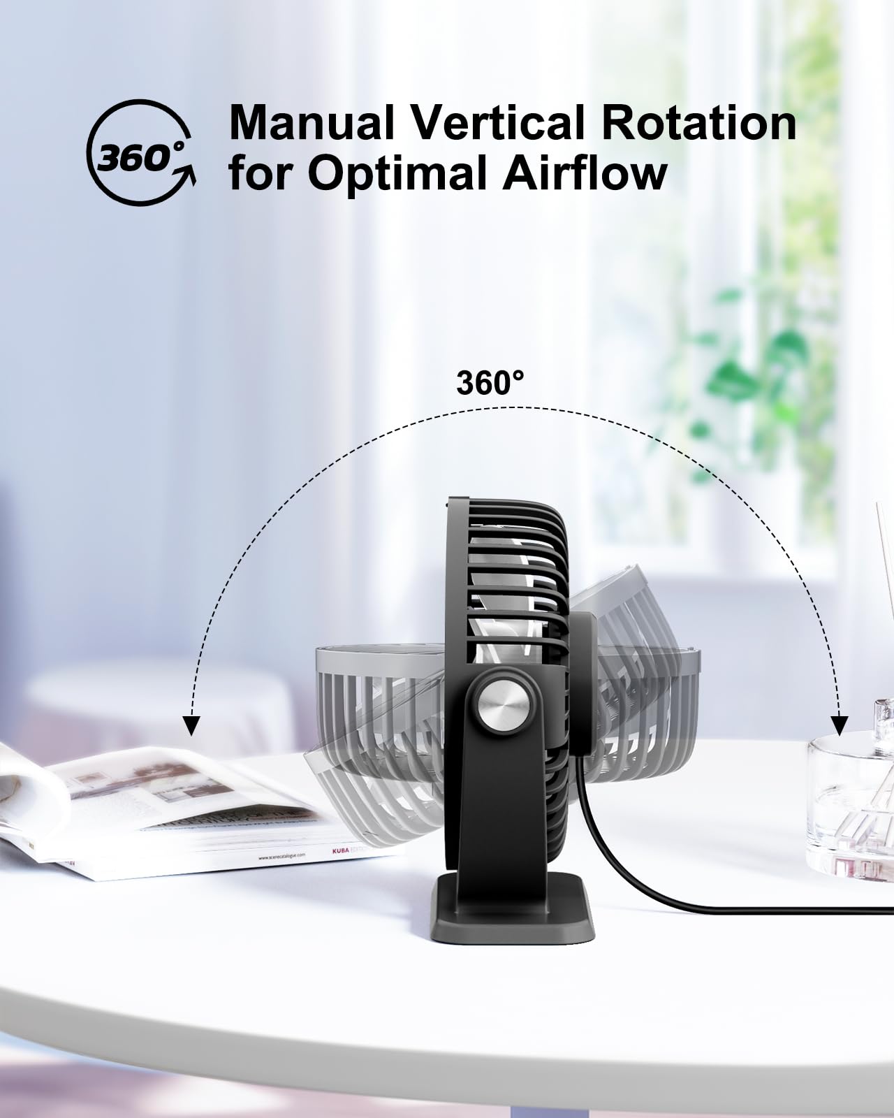 TriPole Small Desk Fan USB Powered Portable Fan 3 Speeds Strong Airflow Mini Fan 360°Rotation Personal Fan 5.1 Inch Table Fan for Home Office Bedroom Desktop, Black, 4.9ft Cable