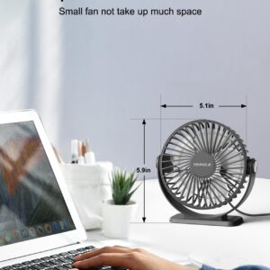 TriPole Small Desk Fan USB Powered Portable Fan 3 Speeds Strong Airflow Mini Fan 360°Rotation Personal Fan 5.1 Inch Table Fan for Home Office Bedroom Desktop, Black, 4.9ft Cable