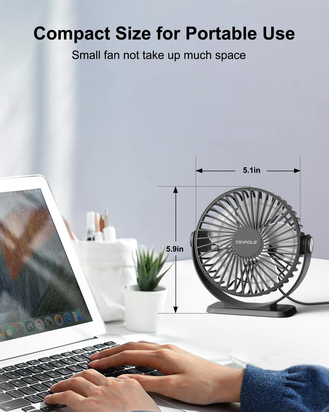 TriPole Small Desk Fan USB Powered Portable Fan 3 Speeds Strong Airflow Mini Fan 360°Rotation Personal Fan 5.1 Inch Table Fan for Home Office Bedroom Desktop, Black, 4.9ft Cable