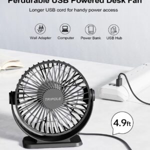 TriPole Small Desk Fan USB Powered Portable Fan 3 Speeds Strong Airflow Mini Fan 360°Rotation Personal Fan 5.1 Inch Table Fan for Home Office Bedroom Desktop, Black, 4.9ft Cable