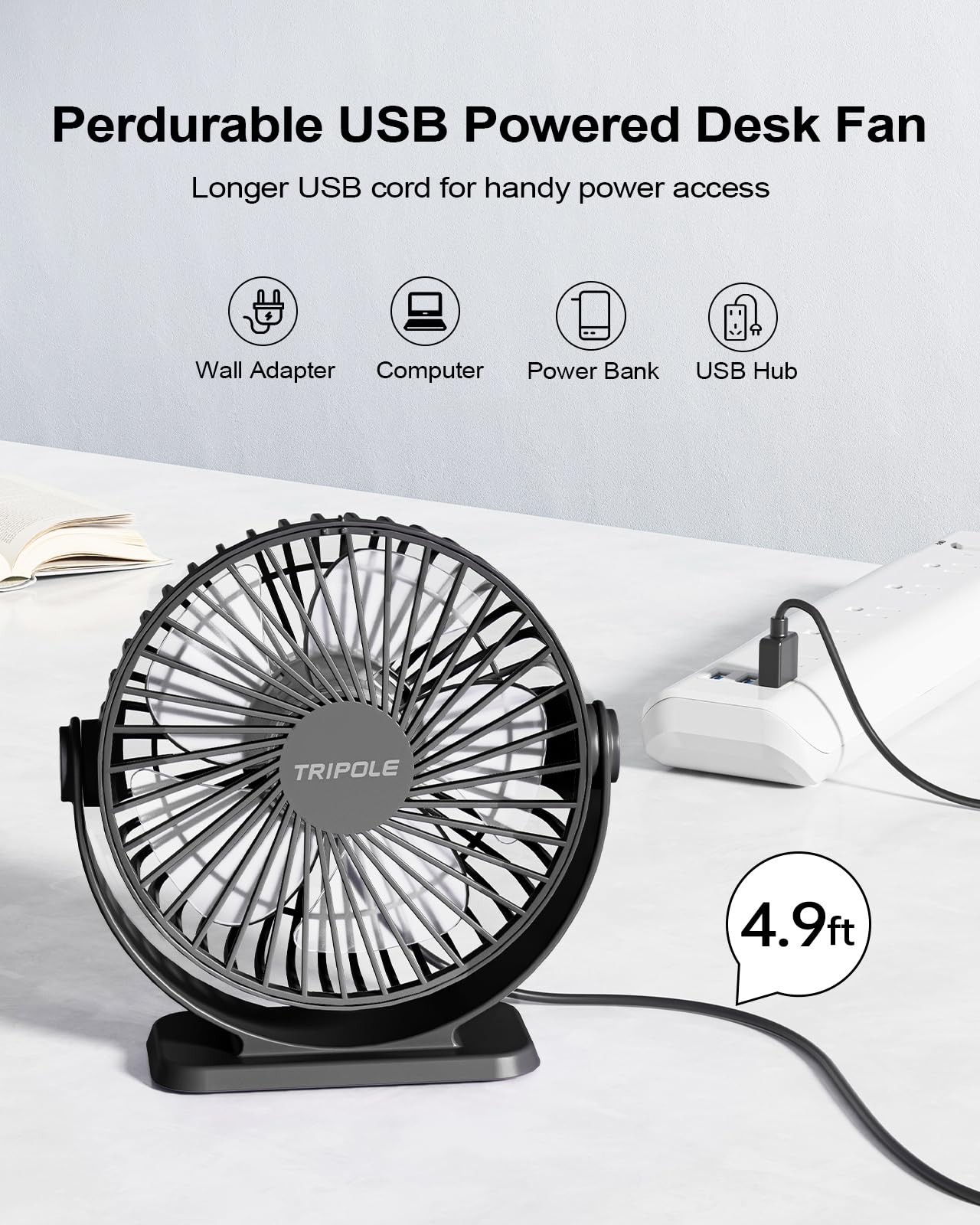 TriPole Small Desk Fan USB Powered Portable Fan 3 Speeds Strong Airflow Mini Fan 360°Rotation Personal Fan 5.1 Inch Table Fan for Home Office Bedroom Desktop, Black, 4.9ft Cable