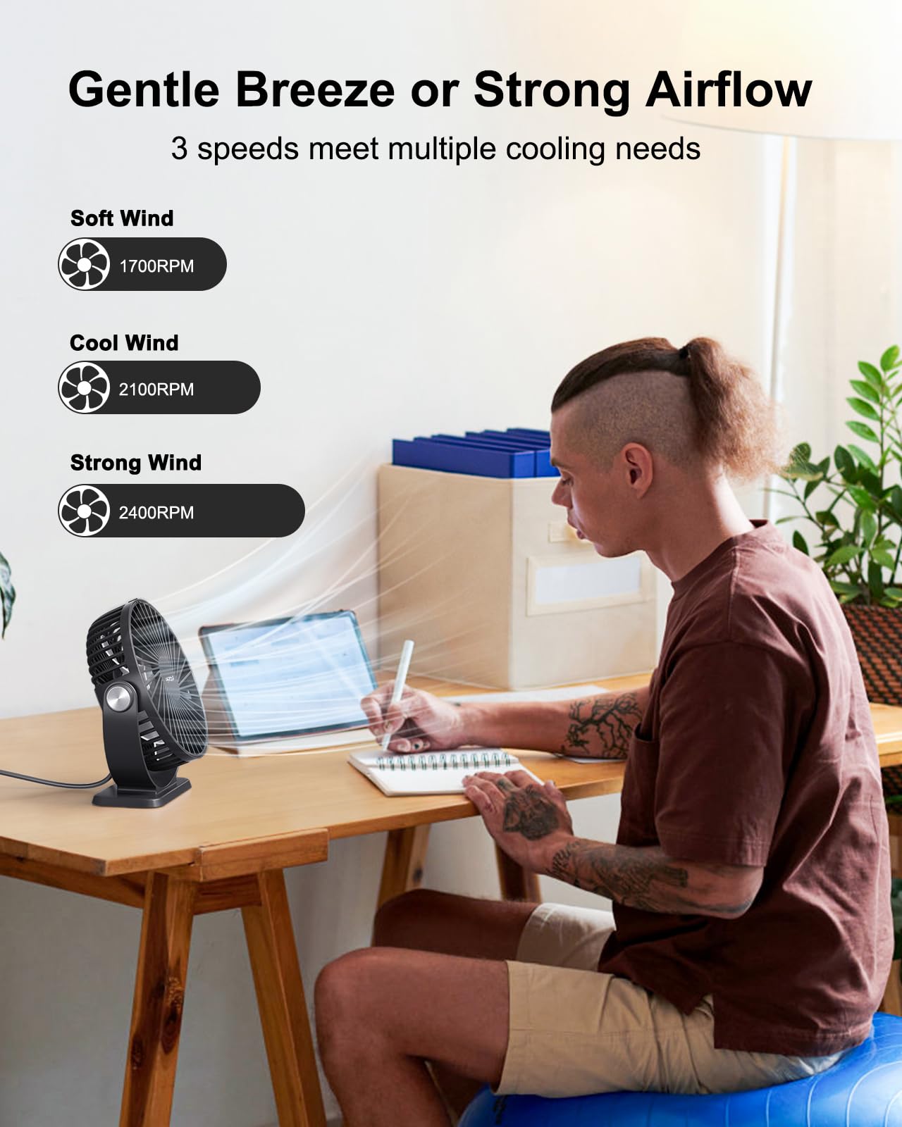 TriPole Small Desk Fan USB Powered Portable Fan 3 Speeds Strong Airflow Mini Fan 360°Rotation Personal Fan 5.1 Inch Table Fan for Home Office Bedroom Desktop, Black, 4.9ft Cable