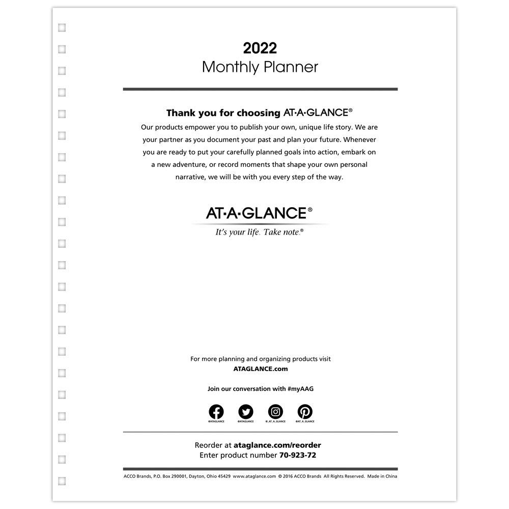 2022 Monthly Planner Refill for 70-236 or 70-296 by AT-A-GLANCE, 9" x 11", White (709237221)