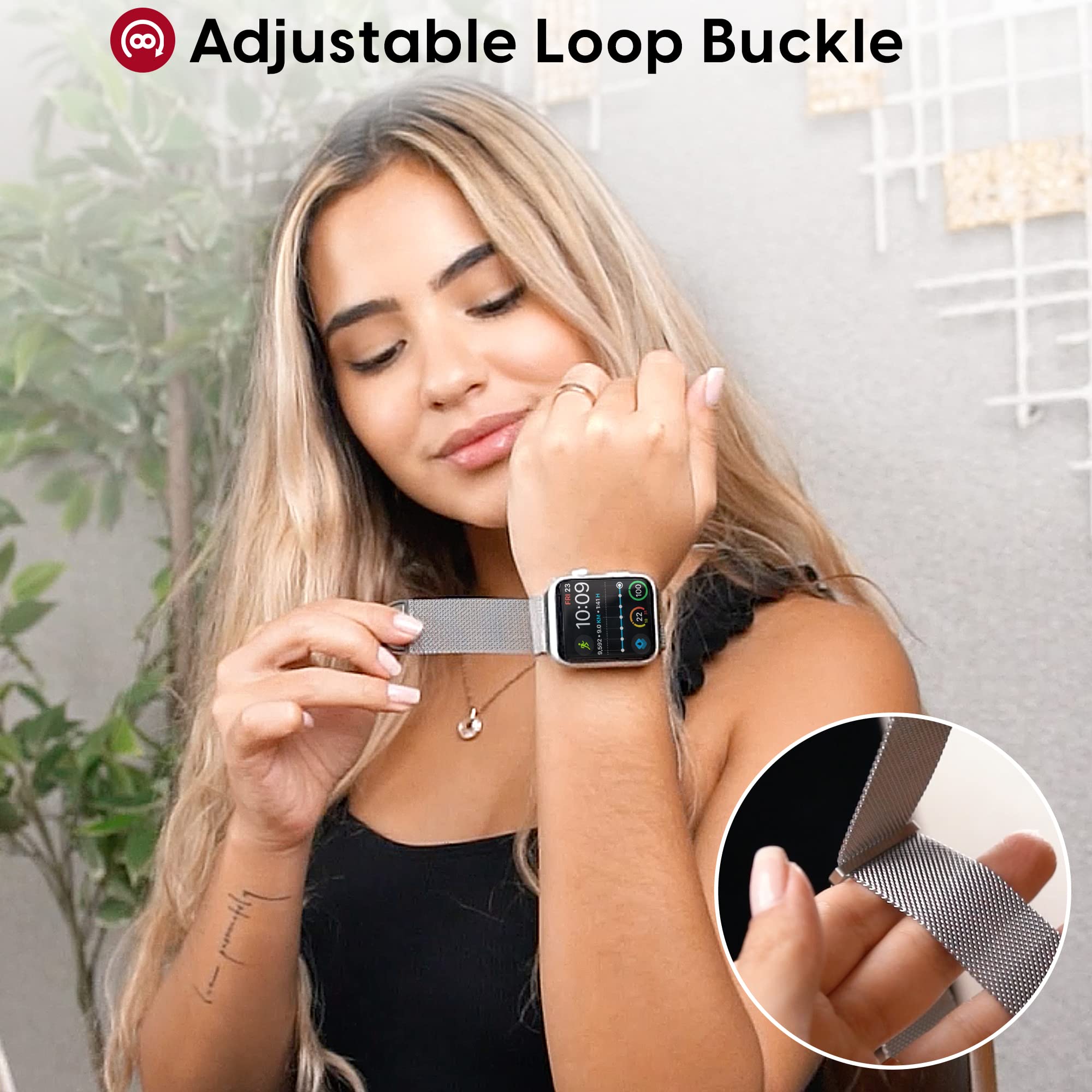 TALK WORKS Expandable Watch Band Compatible with Apple Watch Series - 42mm / 44mm / 45mm - Magnetic Closure - Stainless Steel Mesh Loop Comfort Fit Strap for Women and Men - Silver