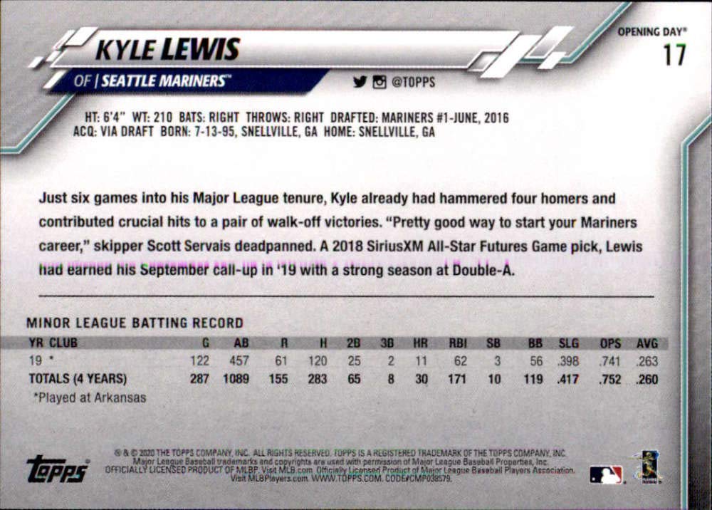 2020 Topps Opening Day #17 Kyle Lewis RC Rookie Seattle Mariners MLB Baseball Trading Card