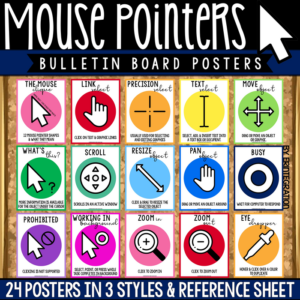mouse cursors & pointers printable bulletin board set for the computer lab or technology classroom - 24 posters - 3 styles