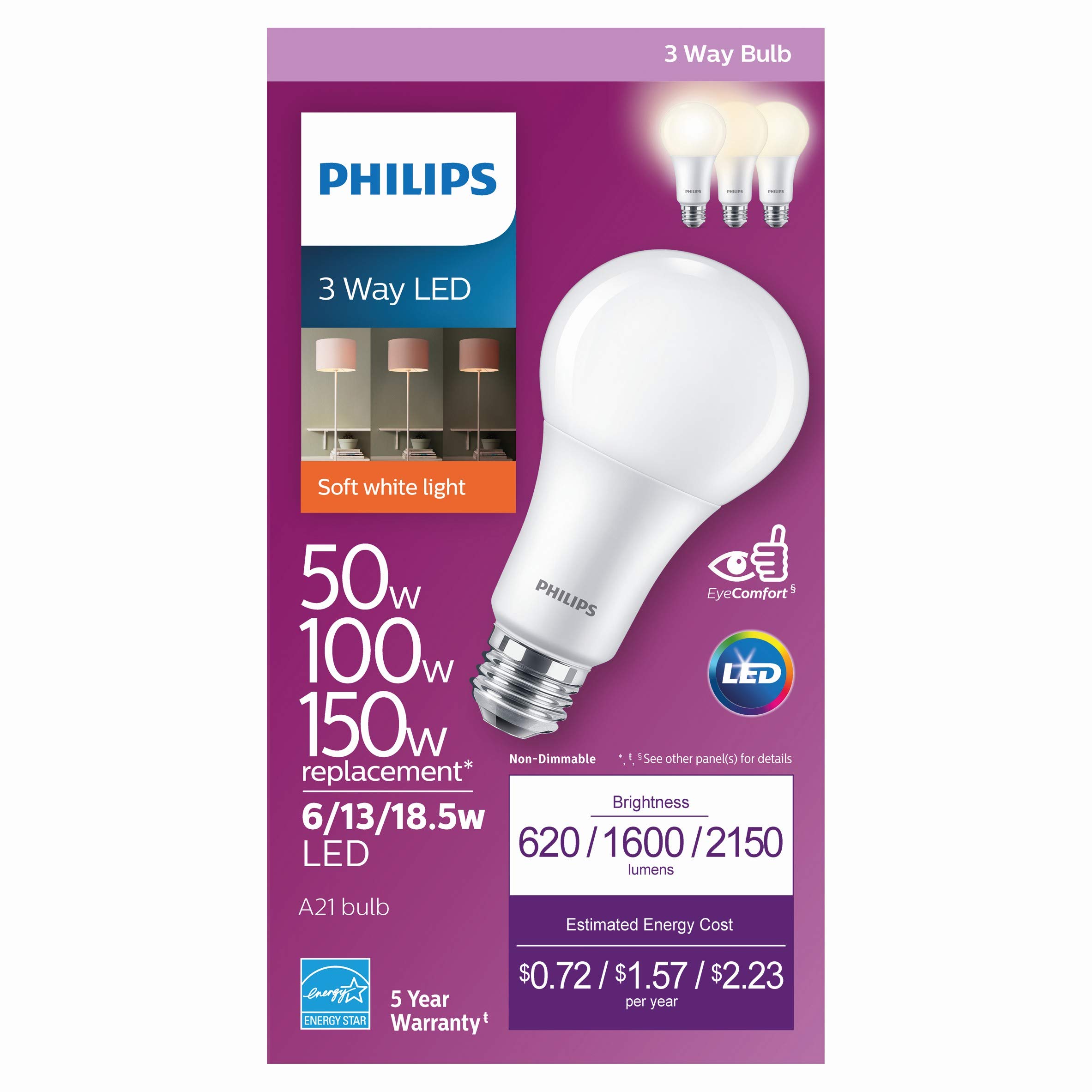 Philips LED 3-Way Flicker-Free A21 Bulb, EyeComfort Technology, 2150/1600/620 Lumen, Soft White Light(2700K), 150/100/50 Watt Equivalent, E26 Base, Title 20 Compliant (California Only), Pack of 4