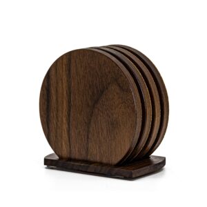 walnut wood & cork drink coasters with holder – set of 4 reversible natural round wooden coasters & base for absorbent furniture protection for rustic home and office décor – perfect housewarming gift