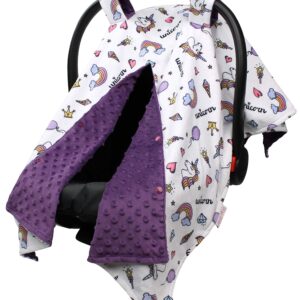 Baby Car Seat Canopy Cover - Unicorn and Rainbows with Purple Minky Dot