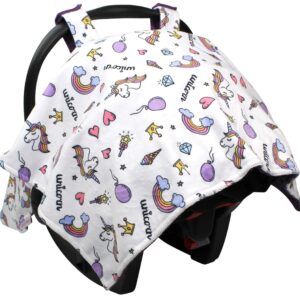 Baby Car Seat Canopy Cover - Unicorn and Rainbows with Purple Minky Dot