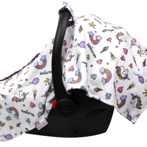 Baby Car Seat Canopy Cover - Unicorn and Rainbows with Purple Minky Dot