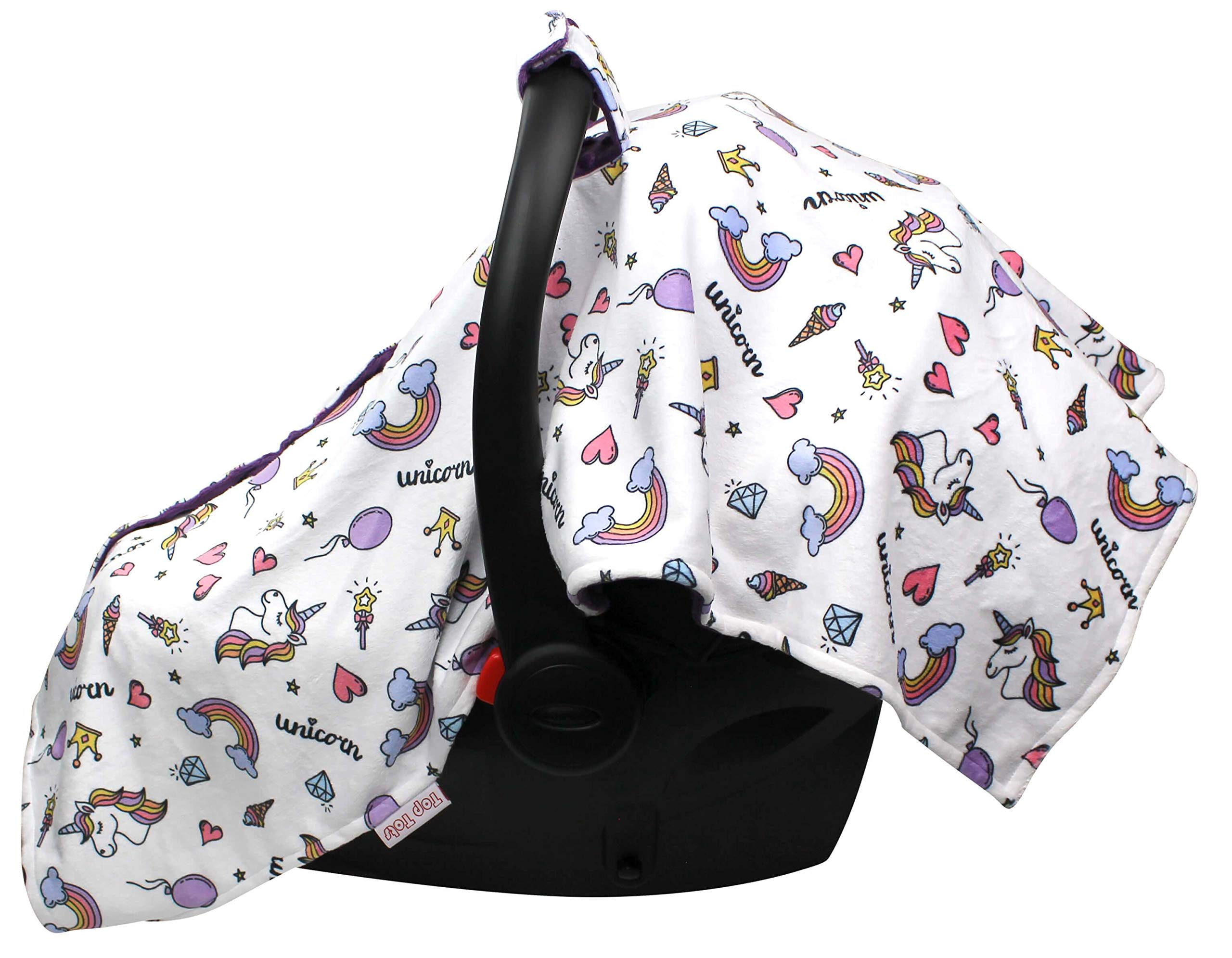 Baby Car Seat Canopy Cover - Unicorn and Rainbows with Purple Minky Dot