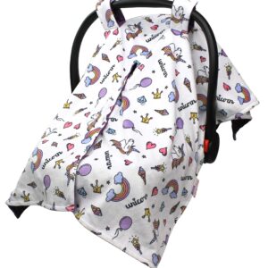 Baby Car Seat Canopy Cover - Unicorn and Rainbows with Purple Minky Dot