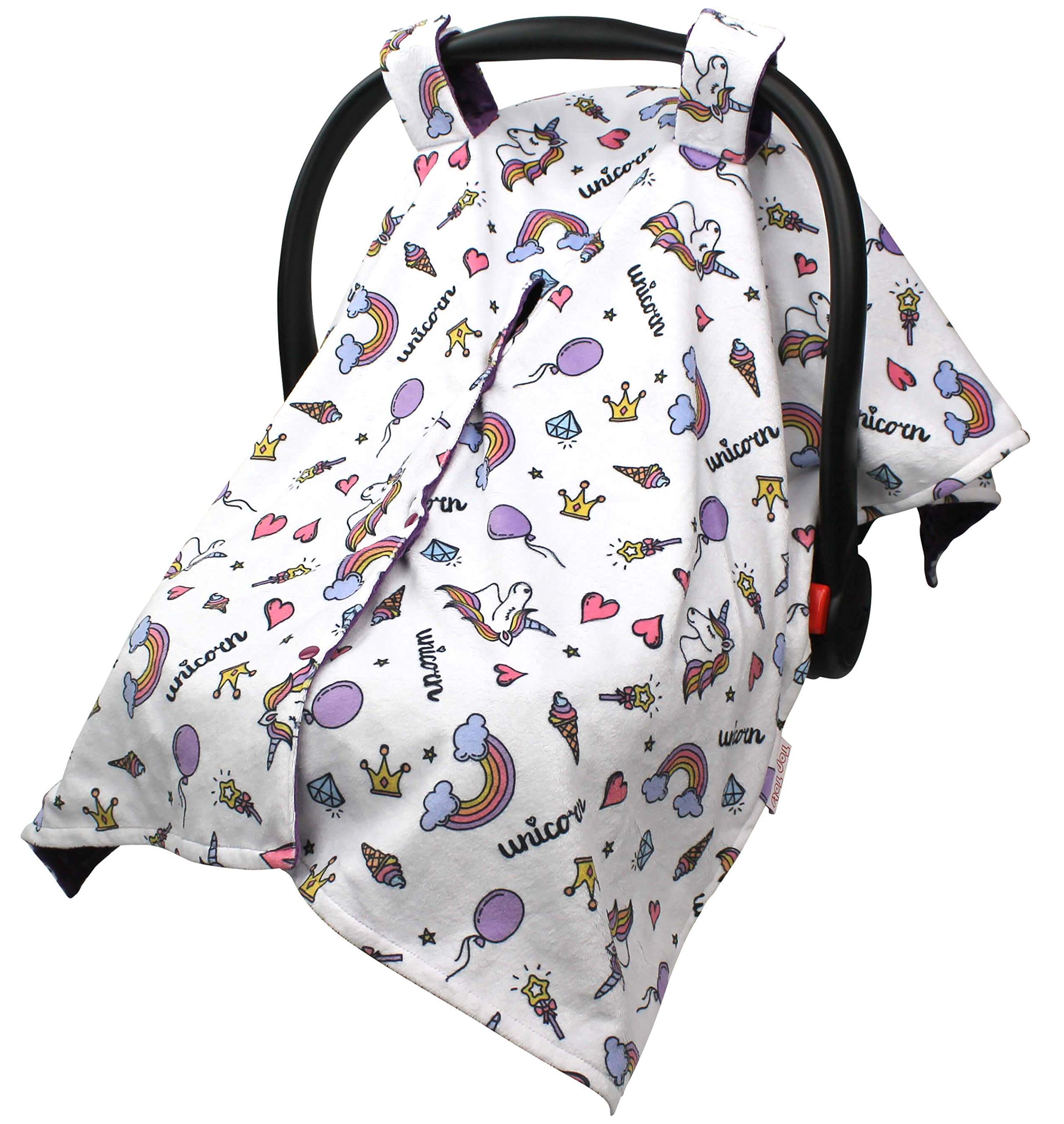 Baby Car Seat Canopy Cover - Unicorn and Rainbows with Purple Minky Dot