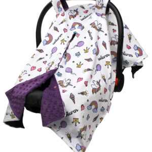 Baby Car Seat Canopy Cover - Unicorn and Rainbows with Purple Minky Dot