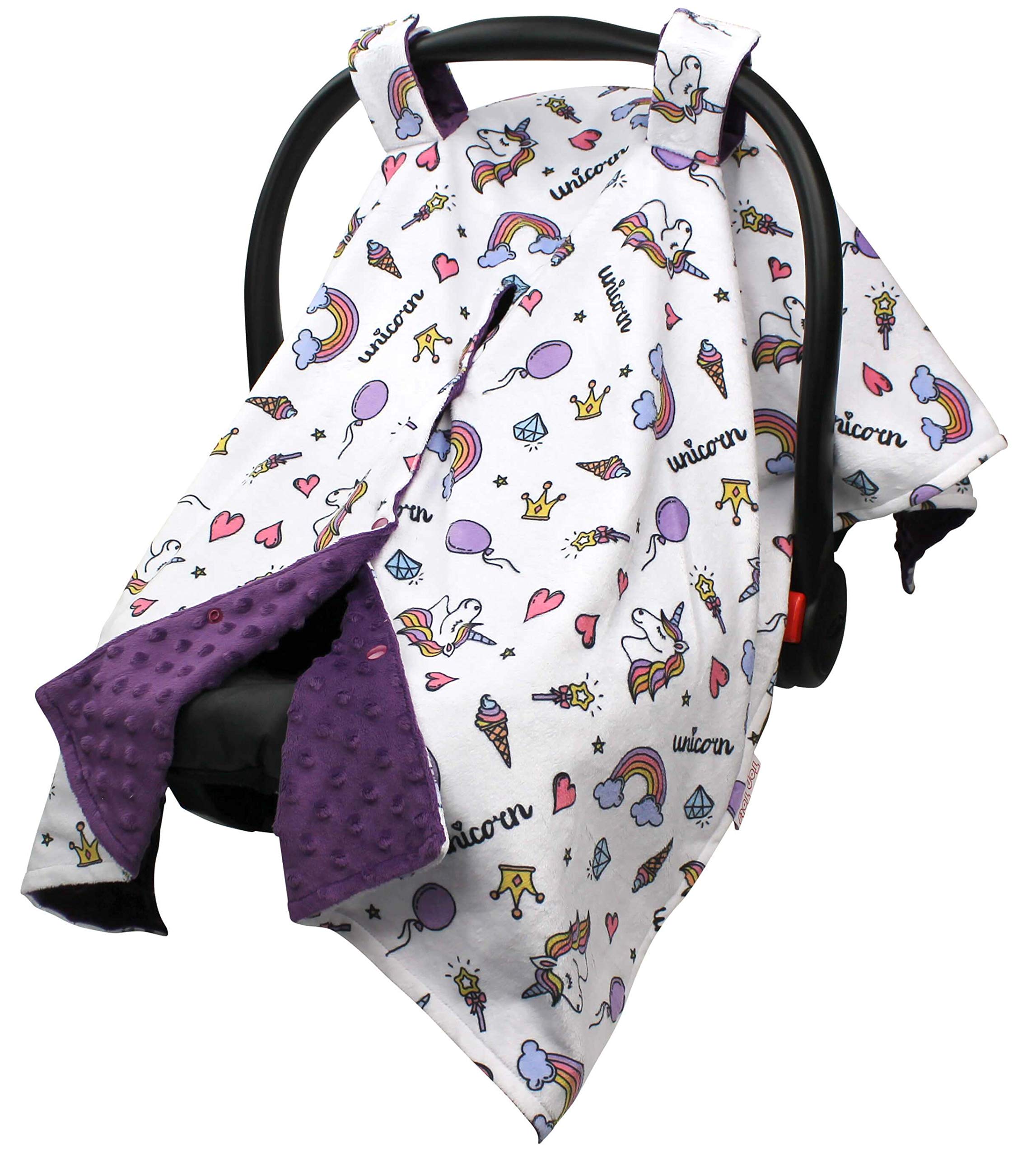 Baby Car Seat Canopy Cover - Unicorn and Rainbows with Purple Minky Dot