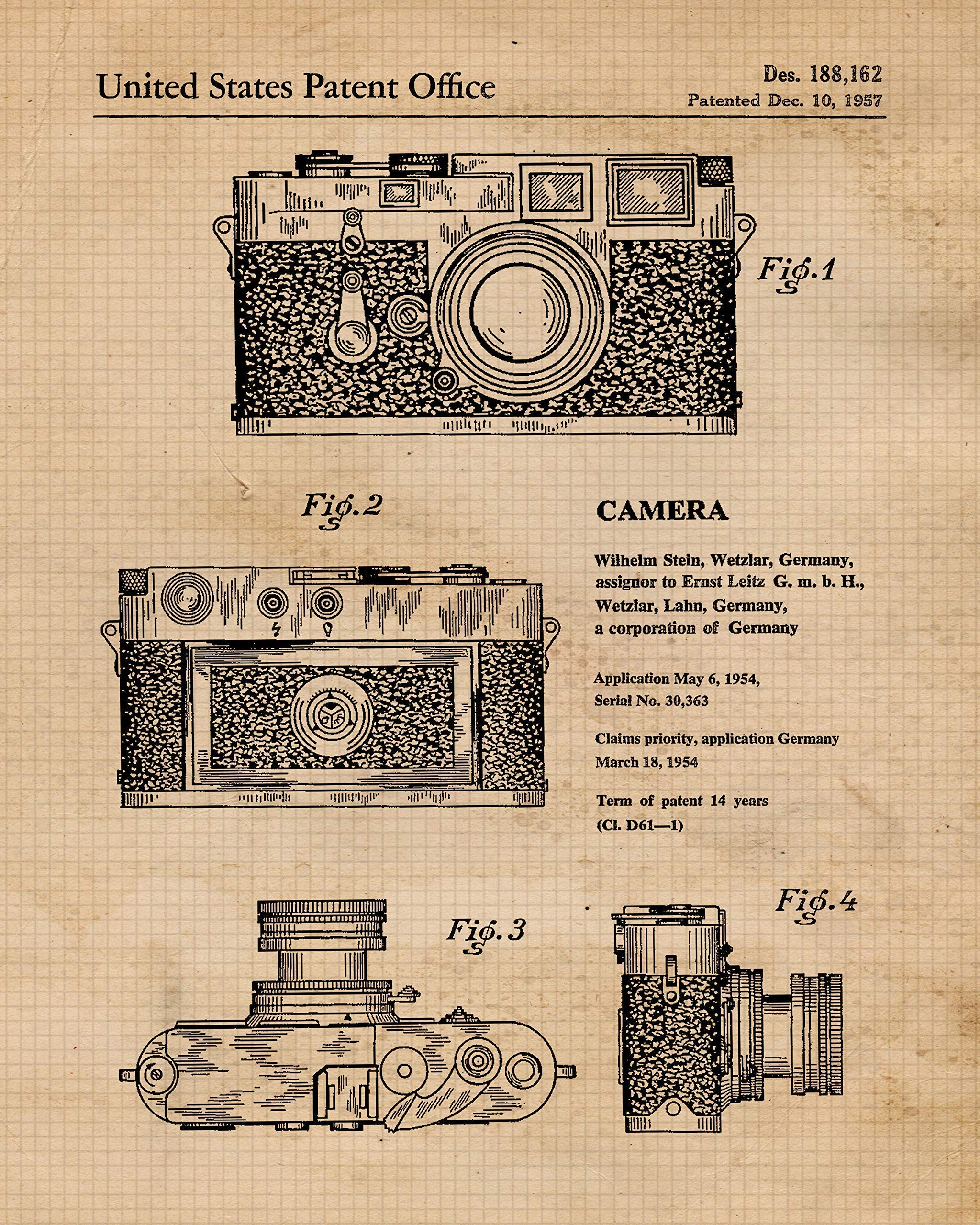 Vintage Classic M3 R4 Camera Patent Prints, 4 (8x10) Unframed Photos, Wall Art Decor Gifts Under 20 for Home Office Man Cave School Lab College Student Teacher Leica Rollei Photography Sports Champs