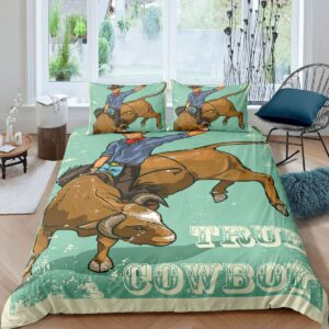 cowboy quilt cover bull vintage poster pattern duvet cover settwinfor kids boys teal bedding set soft microfiber lightweight comforter cover with zipper decorative 2 piece with 1 pillow sham