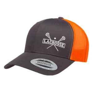 love sketches embroidered lacrosse trucker snapback cap mesh back men and women (charcoal/neonorange-wt)