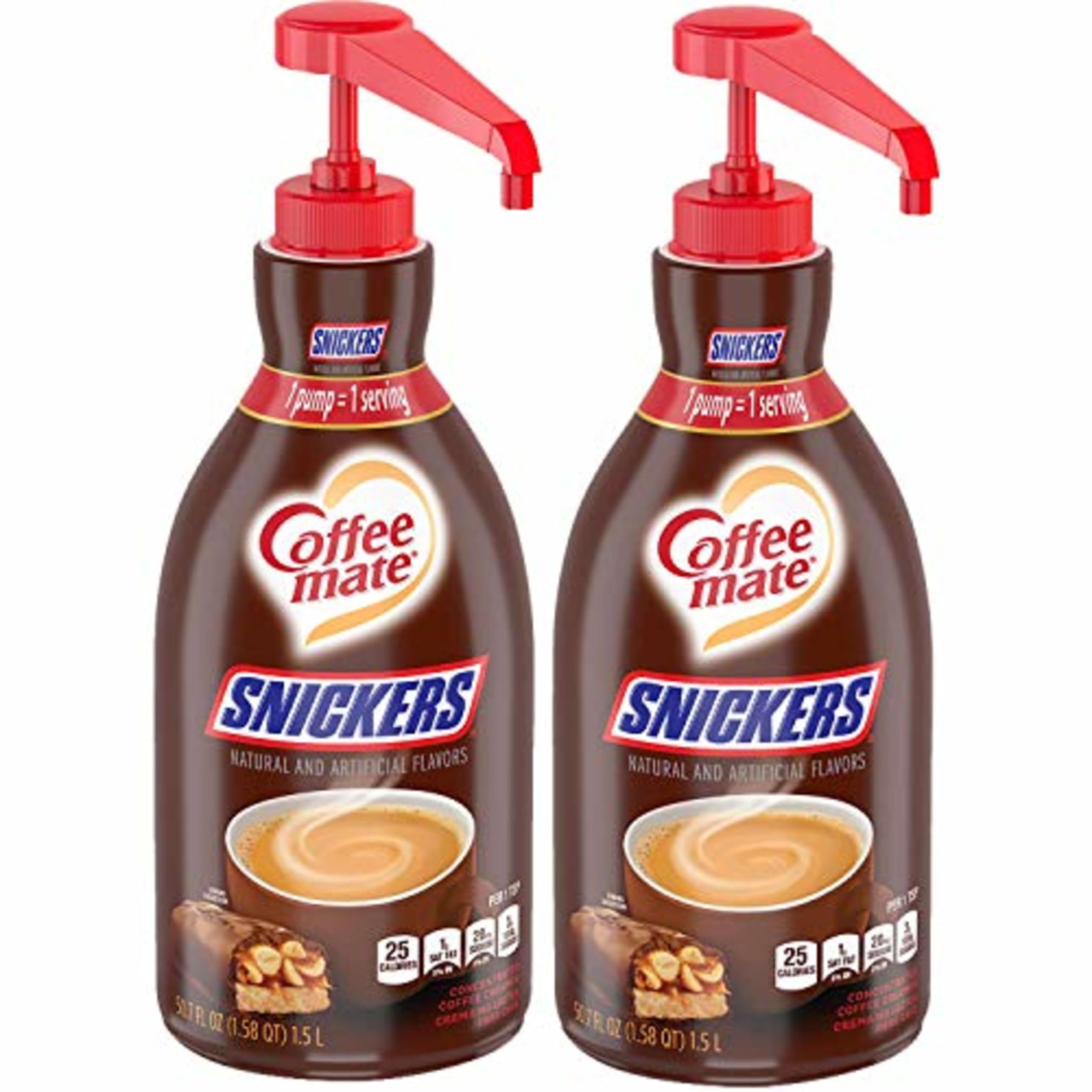 Nestle Coffee mate Coffee Creamer, Snickers, Concentrated Liquid Pump Bottle, Non Dairy, No Refrigeration, 50.7 Fl Oz (Pack of 2)