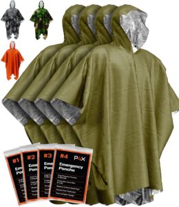 prepared4x emergency rain poncho with mylar blanket liner for car - heavy duty, waterproof camping gear, survival tactical prepper supplies– 4 pack (green)