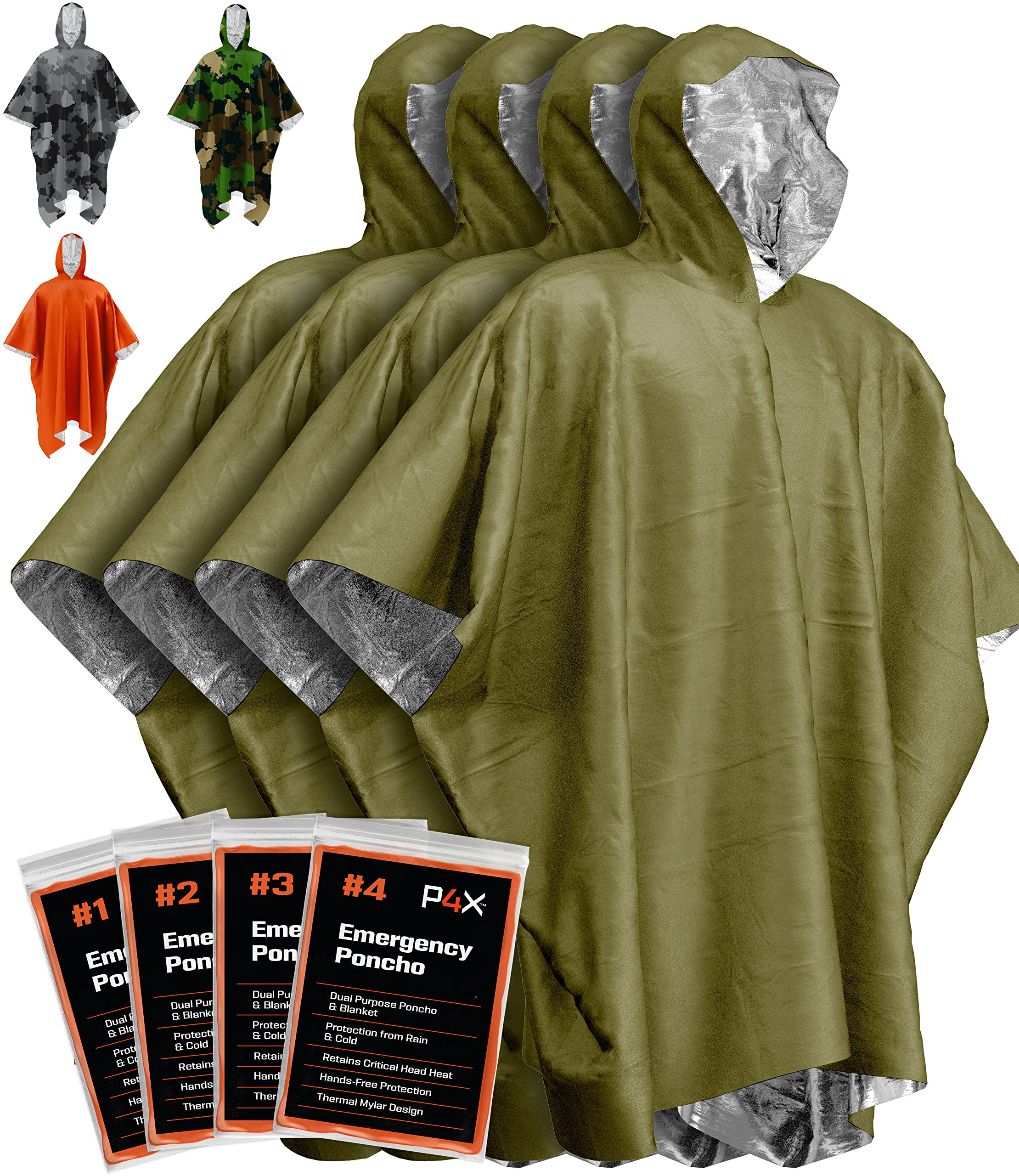 PREPARED4X Emergency Rain Poncho with Mylar Blanket Liner for Car - Heavy Duty, Waterproof Camping Gear, Survival Tactical Prepper Supplies– 4 Pack (Green)