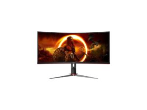 aoc cq34g2 super curved frameless gaming monitor, ultrawide fhd 2560x1080, 1500r va panel, 1ms mprt, 75hz, freesync, height adjustable, 3-yr zero dead pixels black/silver