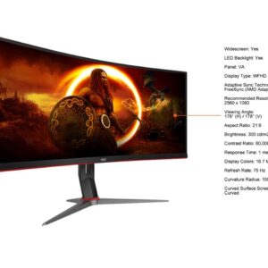 AOC CQ34G2 Super Curved Frameless Gaming Monitor, UltraWide FHD 2560x1080, 1500R VA Panel, 1ms MPRT, 75Hz, FreeSync, Height Adjustable, 3-Yr Zero Dead Pixels Black/Silver