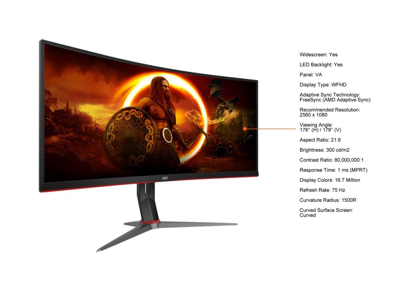 AOC CQ34G2 Super Curved Frameless Gaming Monitor, UltraWide FHD 2560x1080, 1500R VA Panel, 1ms MPRT, 75Hz, FreeSync, Height Adjustable, 3-Yr Zero Dead Pixels Black/Silver