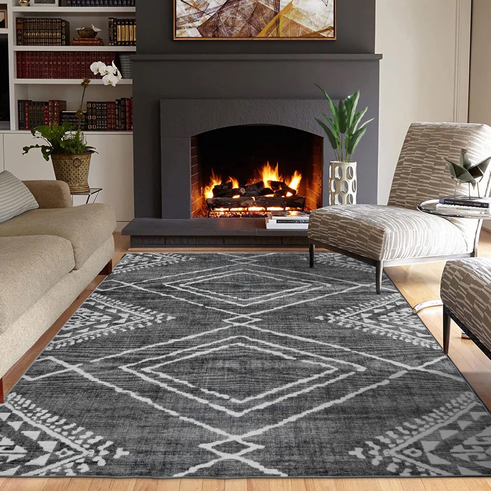 ReaLife Machine Washable Area Rug - Living Room Bedroom Bathroom Kitchen Entryway Office - Non Slip Low Pile Stain Resistant Premium - Moroccan Diamond Tribal - Jax - Gray 7'6" x 9'6"