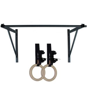 titan hd wall mounted pull up chin up bar with 8 in. wood olympic gymnastic rings - 1.5 in. w heavy duty thick straps &