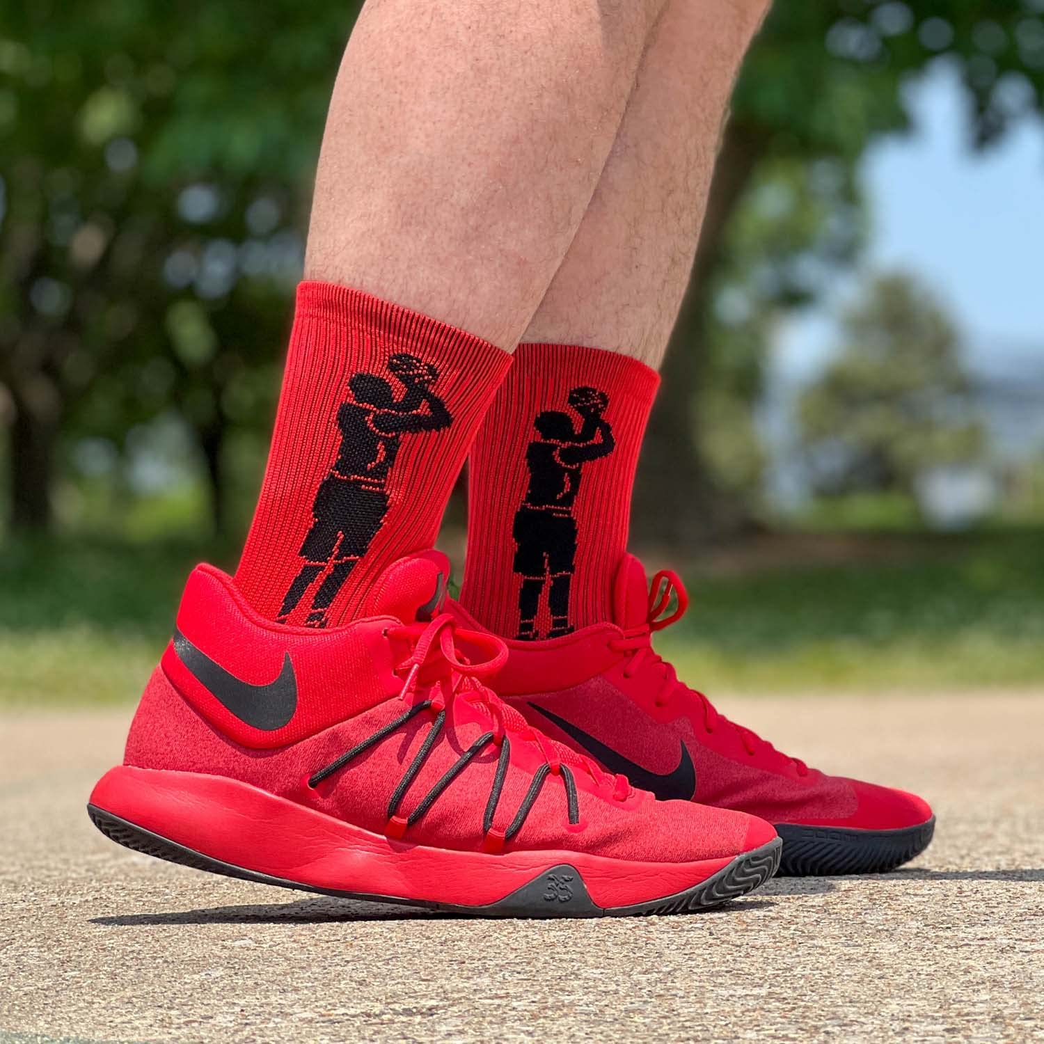 ChalkTalkSPORTS Basketball Player Woven Mid-Calf Socks | Jump Shot (Red/Black)