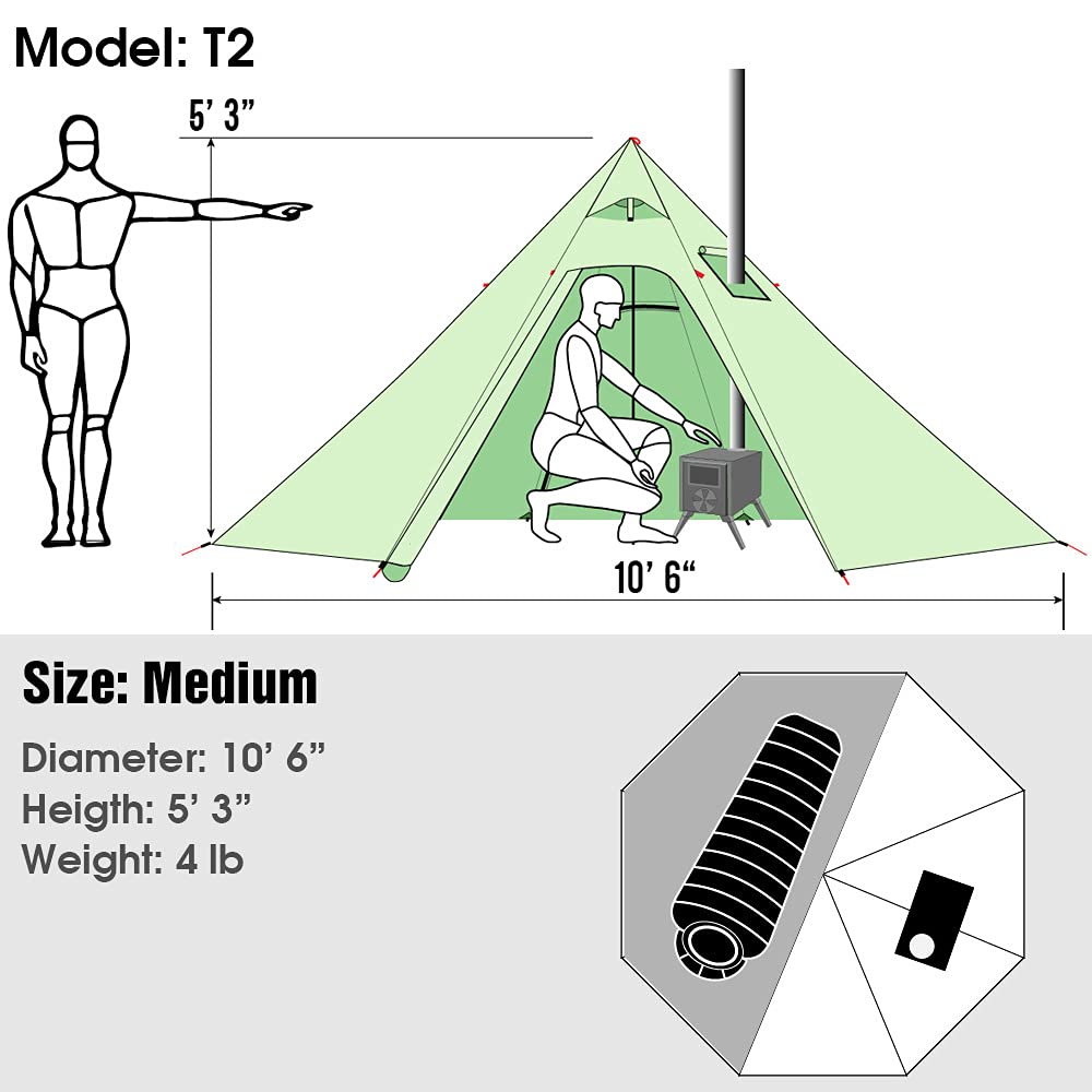 Tipi Hot Tent with Fire Retardant Stove Jack for Flue Pipes, 2 Person Lightweight, Teepee Tents for Family Team Outdoor Backpacking Camping Hiking (Olive)
