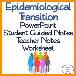 epidemiological transition lesson: powerpoint, illustrated student guided notes, teacher notes, and a worksheet with answers.