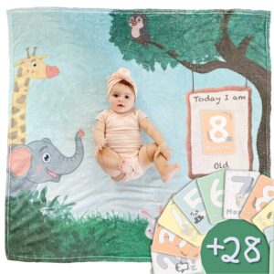 linda's essentials baby milestone blanket for baby boy and girl includes 28 milestone cards - unisex animal themed perfect baby monthly milestone blanket boy and girl (jungle themed)