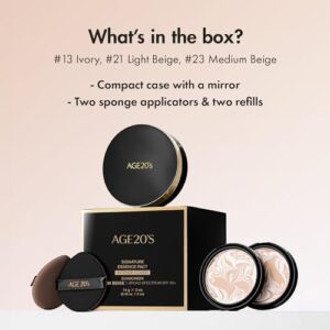 AGE 20's Signature Intense Sunscreen SPF 50+ Foundation, Natural Coverage, Cushion Korean Makeup, 71% Essence Natural Dewy Finish, Refill Included, 21 Light Beige (0.49 oz x2 ea)