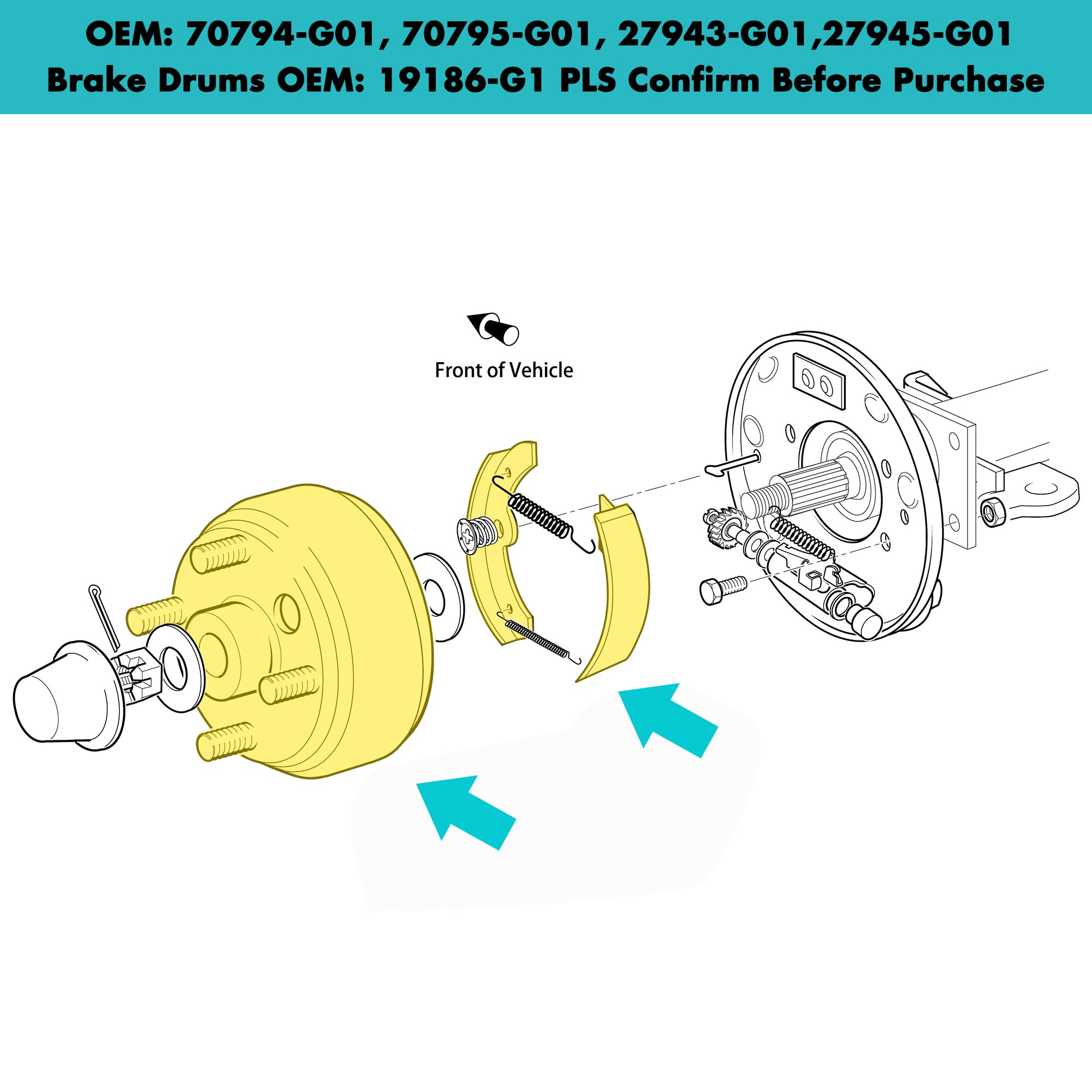 10L0L Golf Cart EZGO Brake Maintenance Kit for 1997-Up Electric EZGO TXT PDS,Incl. Brake Hub Drums & Brake Pads/Shoes, OEM# 19186G1, 70794G01, 70795G01, 27943G01(NOT FIT Gas Models)