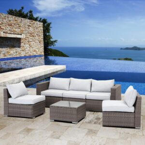 solaste 6 piece patio furniture sets,all weather outdoor sectional patio sofa manual weaving wicker patio seating rattan sofas with glass table,grey cushions