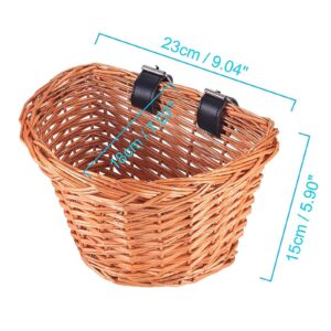 ONEVER Handlebar Bike Basket, Wicker Kids Bicycle Basket, Bike Accessory with Leather Straps, Hand-Woven Small Beach Cruiser Bike Basket for Girls Kids Small Cat Dog Basket, Knee Scooter Basket