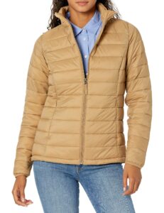 amazon essentials women's lightweight long-sleeve water-resistant packable puffer jacket (available in plus size), camel, large